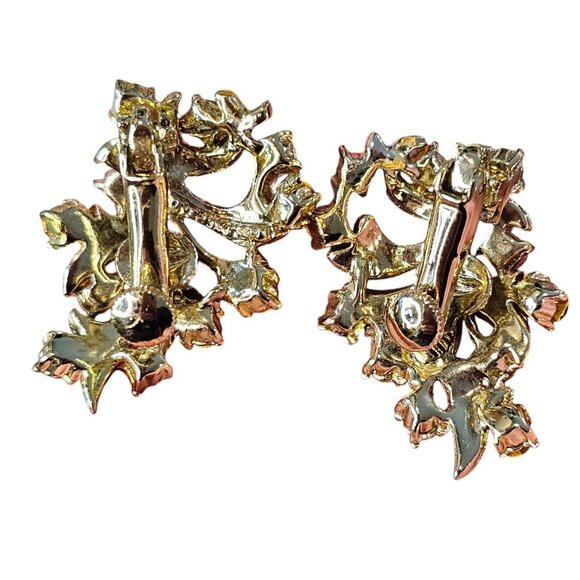 Vintage Coro Emerald Gold Tone Clipon Earrings Formal Evening Leaf MCM Mod - Picture 9 of 12